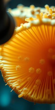 Close-up of mushroom spores under microscope with lighting effect, close-up, science