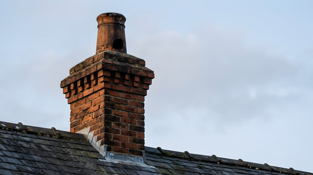 Old brick chimney stack rising from a weathered slate tiled roof against a soft overcast sky. Traditional vintage masonry architecture detail of a rustic residential house exterior in daylight.