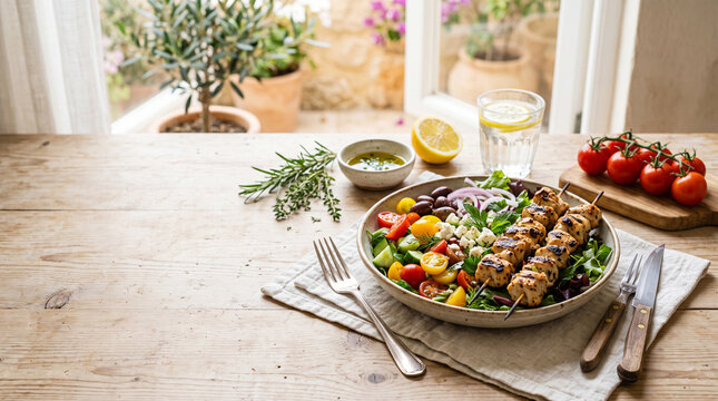 Healthy Mediterranean chicken souvlaki salad bowl with fresh vegetables on rustic table