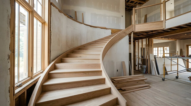 Custom wooden staircase under construction inside a luxury modern home renovation project, featuring unfinished walls, scaffolding and natural oak wood curved stairs in a spacious high ceiling interio
