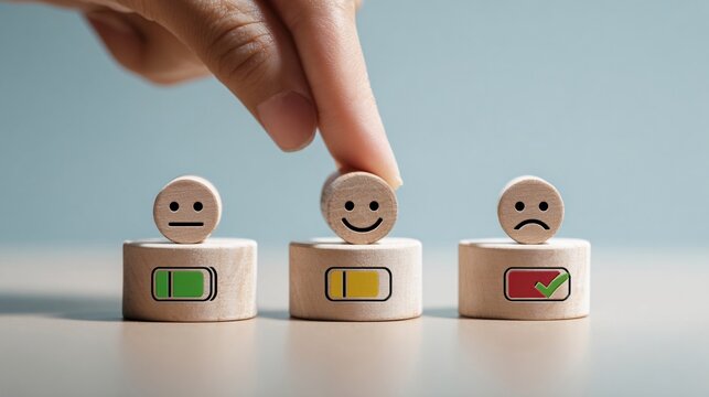 Hand placing a wooden block with a smiling face on a desk with feedback icons with face icon