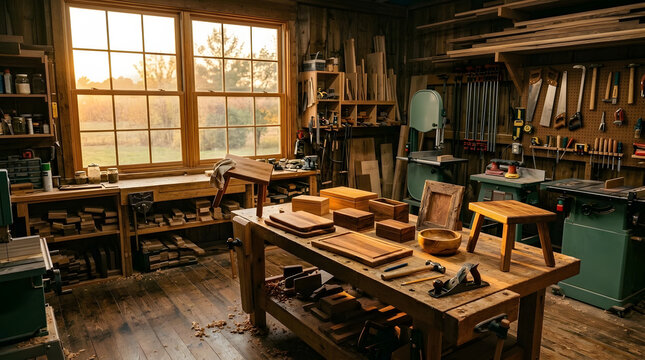 Extension cords hanging on a rustic wooden wall inside a professional woodworking carpentry workshop with a pile of lumber planks and a broom, showcasing organized industrial workspace and constructio
