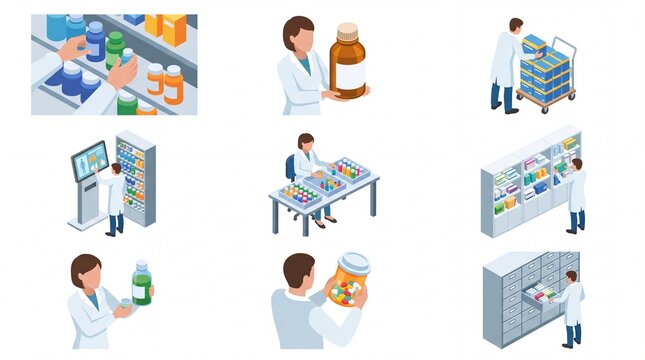 Pharmacists managing medication and medical supplies isometric set