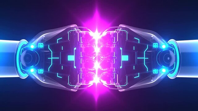 Sci Fi Robotic Hands with Glowing Blue Light Framing Copy Space on Dark Background