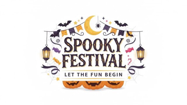 Animated Halloween spooky festival with bunting flags swinging on a string against a white background