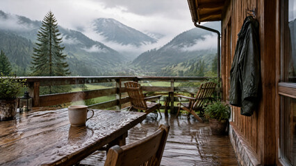 Obraz premium Steaming mug on a wooden terrace overlooking misty alpine mountains at a rustic mountain guesthouse