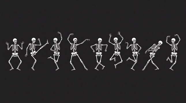 Multiple human skeletons in various dancing poses arranged in a horizontal sequence