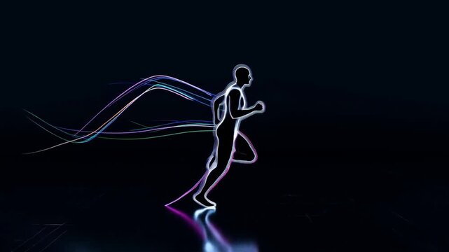 Neon human runner in running pose with colorful light trails on reflective dark floor