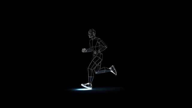Wireframe runner jogging in place on a dark background with alternating leg motion
