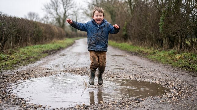 Joyful boy jumping in muddy puddle on country lane