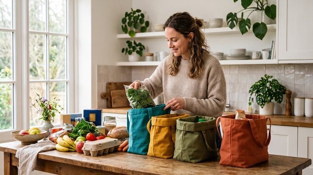 Woman unpacking groceries into reusable bags in a bright kitchen