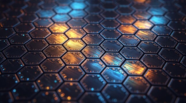 Futuristic Hexagonal Grid Pattern Background with Glowing Lights