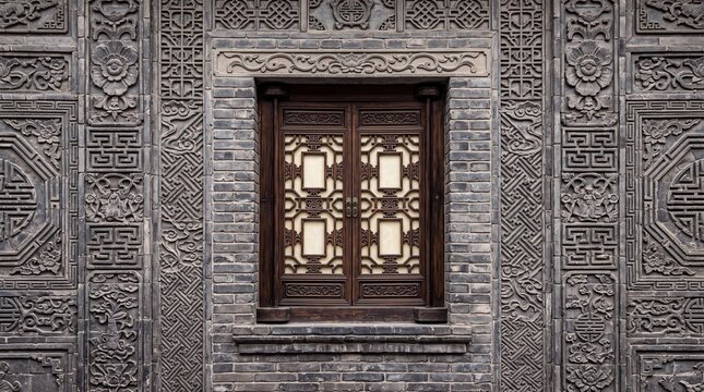 Traditional Chinese Carved Brick Wall with Wooden Lattice Window