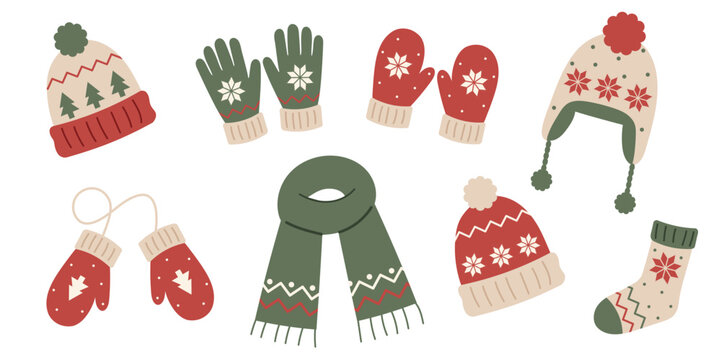Cute collection of cozy winter accessories including knitted hats, mittens, gloves, a scarf, and a Christmas stocking
