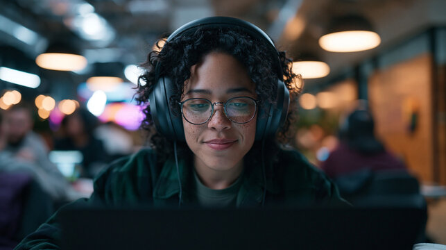 Young Woman with Headphones Working on Laptop in Office