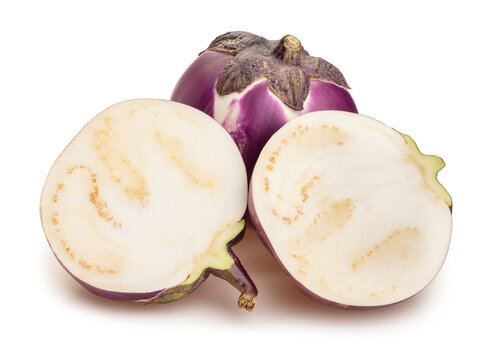 sliced round purple eggplant path isolated on white