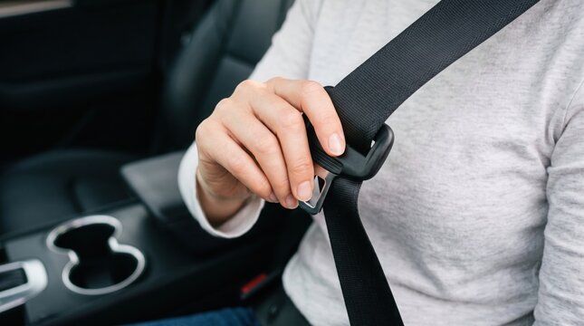 Close-Up Hand Pulling Black Seatbelt Across Lap by Center Console