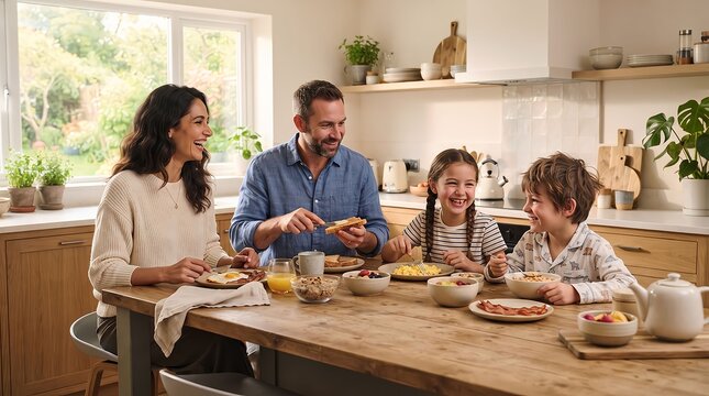 Happy young family eating a healthy breakfast together at the wooden kitchen table in the morning