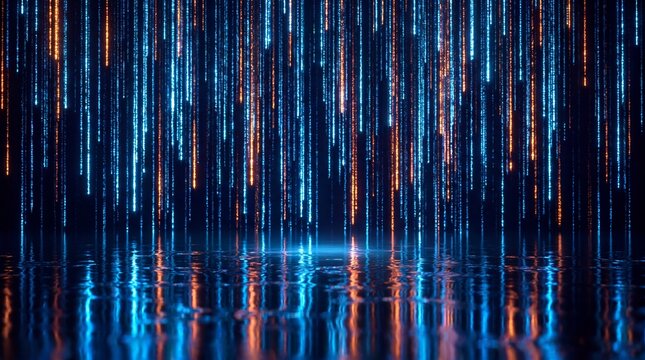 Abstract Glowing Digital Data Stream Reflecting on Wet Surface