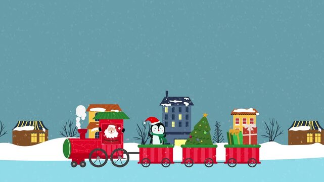 Cute Christmas train animation with Santa Claus, penguin, and gifts in a snowy town, Perfect for holiday greetings and seasonal video projects.