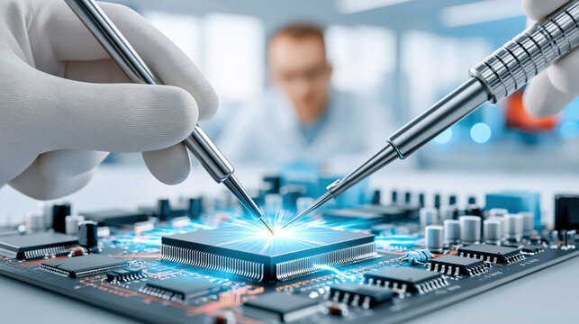 Gloved hands soldering microchip circuit board with technician background, detailed macro electronics repair scene with blue lighting and sparks