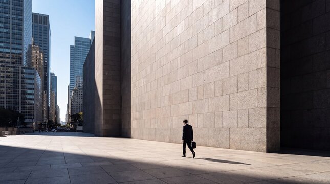 Businessman with Briefcase Walking by Massive Modern Building