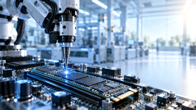 High precision robotic arm soldering electronic circuit board with glowing blue light conveying advanced manufacturing technology
