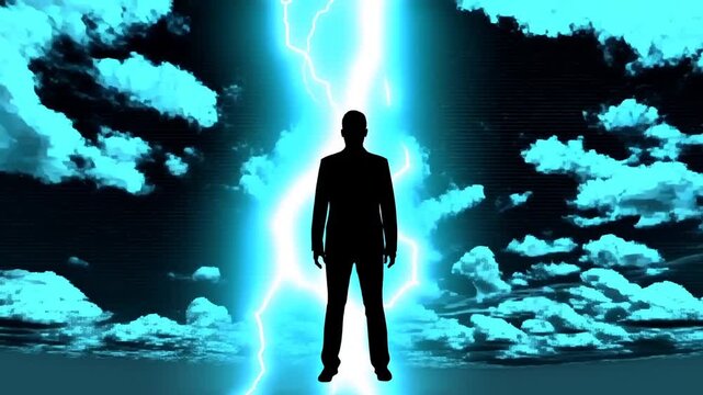 Silhouette of Man Standing with Powerful Lightning Strike in Storm Clouds