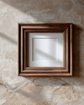 Wooden frame mockup, tight close up, empty square mat, textured beige wall, natural light, high fidelity