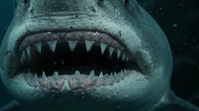 Close-up of a great white shark swimming underwater with open jaws showing sharp teeth