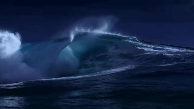 Large ocean wave with curling barrel and sea spray across dark blue open water