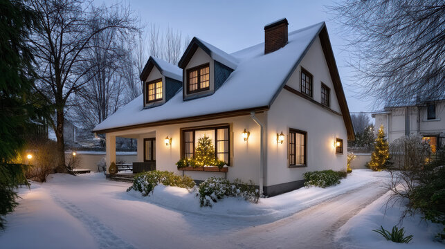 Snowy cottage winter night glowing lights cozy home holiday peaceful frosty serene