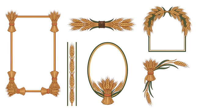 Golden wheat frames and decorative border elements set for autumn harvest festival, bakery branding, organic farming labels, and thanksgiving greeting cards.