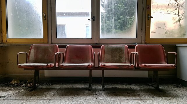 A row of worn red waiting room chairs sits abandoned in front of dirty windows. Perfect for horror and urban decay concepts.