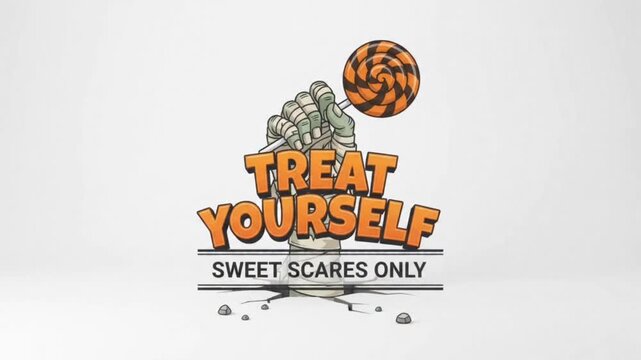 Animated mummy hand emerging from ground holding a spinning orange lollipop with treat yourself text text