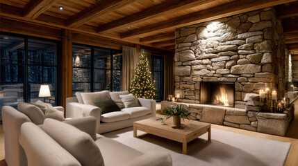 Obraz premium Luxurious cozy chalet lounge with stone fireplace, wooden ceiling, Christmas tree, warm lighting, inviting atmosphere
