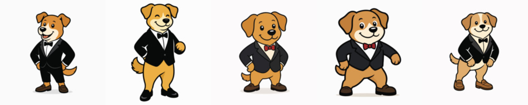 Set of vector illustrations of a cute and adorable dog standing and wearing a tuxedo.