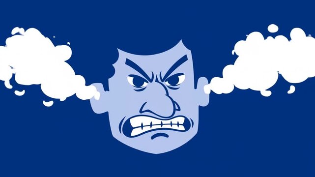 Angry cartoon face with clenched teeth and steam clouds on blue background