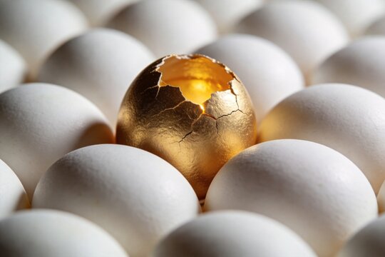Cracked golden egg among white eggs revealing a golden interior. Concept of breakthrough, hidden potential, innovation, creativity and transformative ideas.