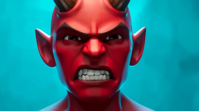 Red 3D Cartoon Devil Character Screaming With Anger Against Blue Background
