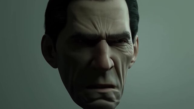 Stern male head suspended against dark green background with strong side lighting