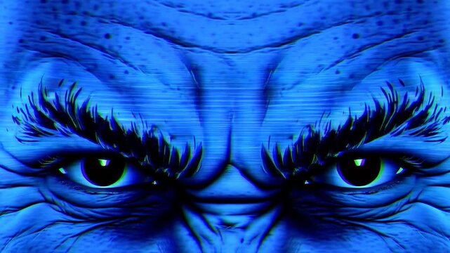 Intense blue eyes staring forward in closeup with glitch lines and digital distortion