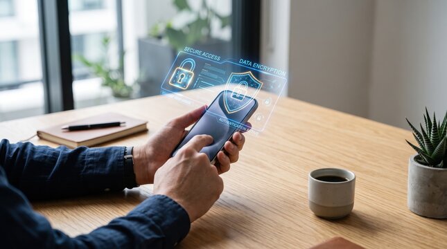 Person using smartphone with holographic security interface showing data encryption and secure access icons, cybersecurity and privacy protection concept at home desk