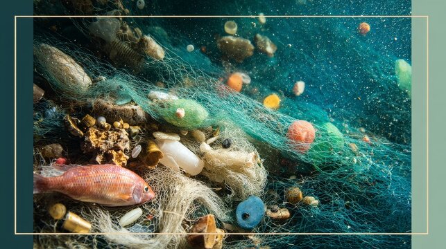 A close-up photograph of a fisherman's net filled with microplastics and trash instead of fish, highlighting ocean degradation. 