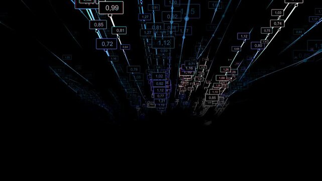 Abstract background 3d rendering with glow lines  and random numbers in dark. Digital big data concept. Loopable animation.