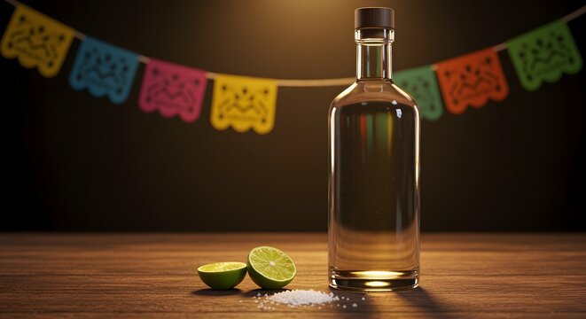 Tequila bottle with lime wedges and salt for cinco de mayo celebration beverage refreshing