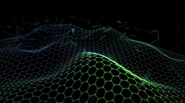 Abstract technology background with wavy color hexagonal grid on dark. Analytics data algorithms. Big Data. Computing concept. Banner for business, science and technology.