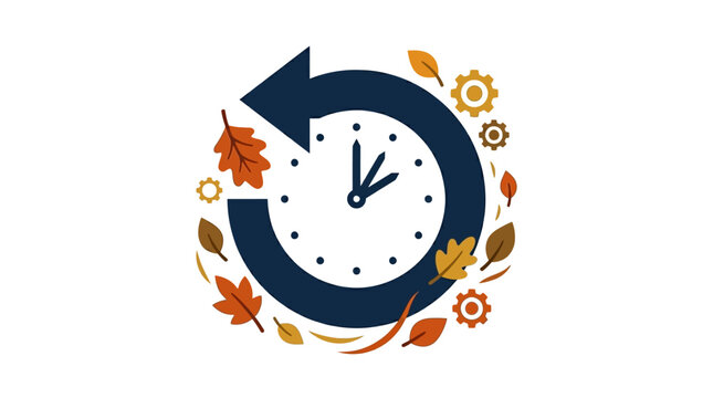 Clock icon with circular arrow surrounded by colorful autumn leaves.