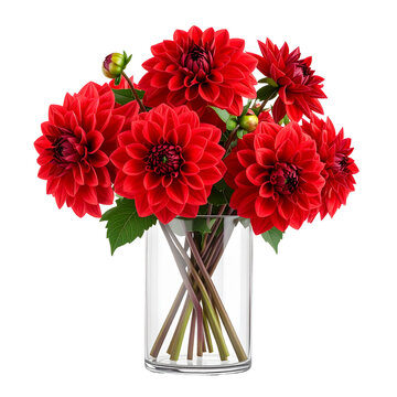 Vibrant Red Dahlia Flower Bouquet in Clear Glass Vase.