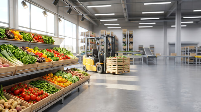 Fresh vegetables displayed on wooden shelves and forklift truck operating in a large industrial warehouse interior with produce storage grocery supply logistics center